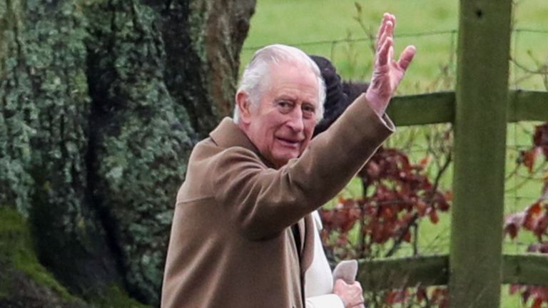 Britain's King Charles waves as he arrives for a church service at St. Mary Magdalene's church on the Sandringham estate in eastern England, Britain, February 11, 2024. REUTERS/Chris Radburn