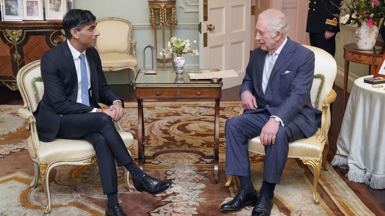 King Charles III with Prime Minister Rishi Sunak at Buckingham Palace, London, for their first in-person audience since the King&#39;s diagnosis with cancer. Picture date: Wednesday February 21, 2024.

