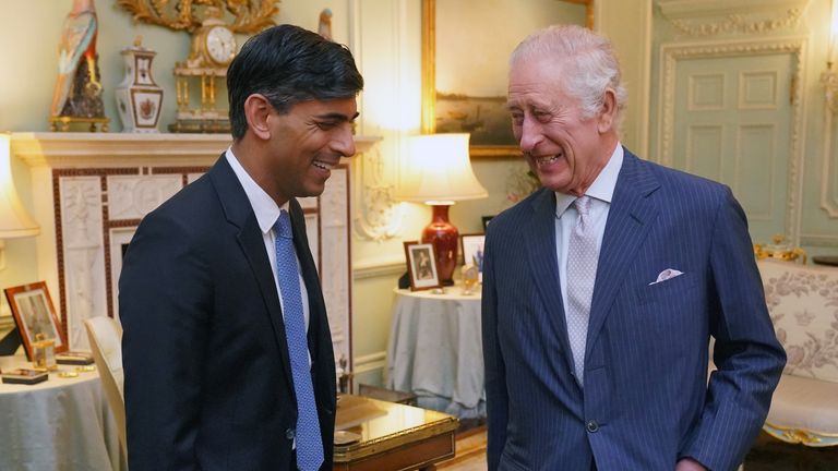 King Charles III with Prime Minister Rishi Sunak at Buckingham Palace, London, for their first in-person audience since the King&#39;s diagnosis with cancer. Picture date: Wednesday February 21, 2024.

