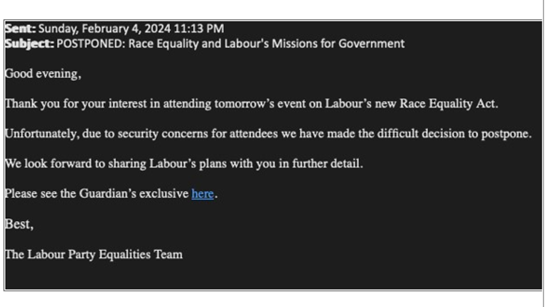 An email sent to attendees ahead of Labour&#39;s launch event