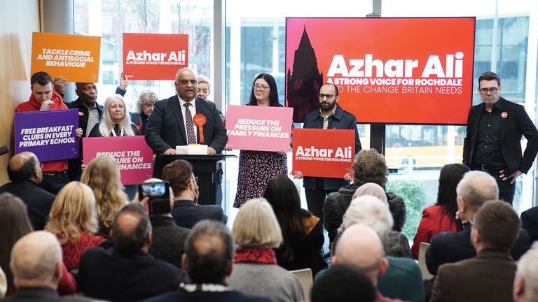 Labour candidate for Rochdale, Azhar Ali, is joined by Mayor of Manchester Andy Burnham (right) in Rochdale as he launches his campaign for the up-coming Rochdale.
Pic: PA