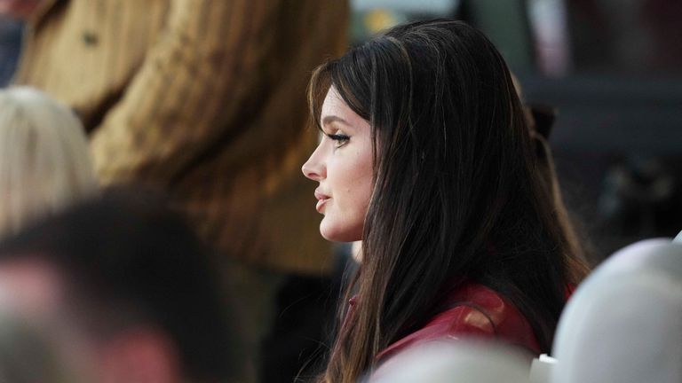 Feb 11, 2024; Paradise, Nevada, USA; Singer-songwriter Lana Del Ray watches during the first half of Super Bowl LVIII between Kansas City Chiefs and San Francisco 49ers at Allegiant Stadium. Mandatory Credit: Joe Camporeale-USA TODAY Sports