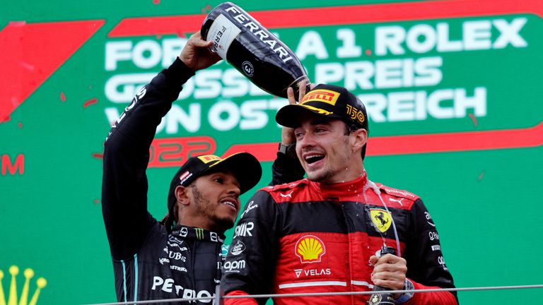 File pic: Reuters
FILE PHOTO: Formula One F1 - Austrian Grand Prix - Red Bull Ring, Spielberg, Austria - July 10, 2022 Ferrari&#39;s Charles Leclerc celebrates on the podium after winning the Austrian Grand Prix as Mercedes&#39; Lewis Hamilton celebrates after placing third REUTERS/Leonhard Foeger/File Photo
