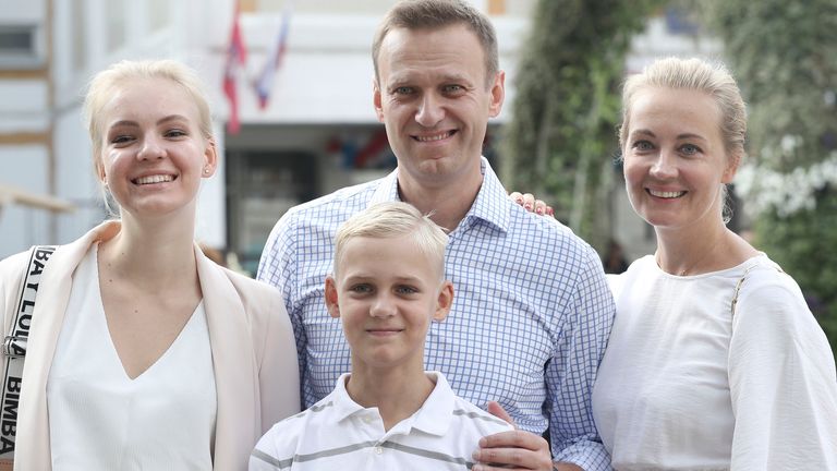 Alexei Navalny, with his wife Yulia, right, daughter Daria, and son Zakhar after voting during a city council election in Moscow, in 2019
Pic: AP