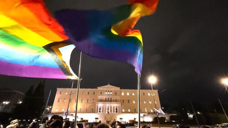 Crowds gathered in Athens to celebrate the passage of a bill legalising same-sex civil marriages in Greece.