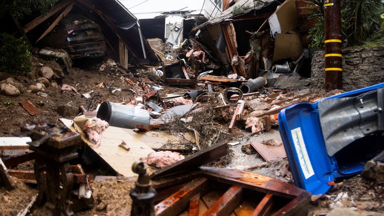 The remains of a home destroyed by a mudslide caused by the ongoing rain storm in Los Angeles, California, U.S., February 5, 2024. REUTERS/Aude Guerrucci

