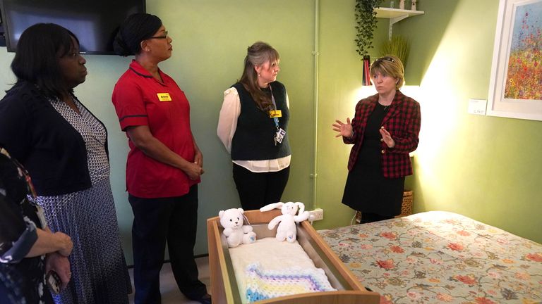 Health minister Maria Caulfield (right) speaks to St George&#39;s Hospital staff during visit. Pic: PA