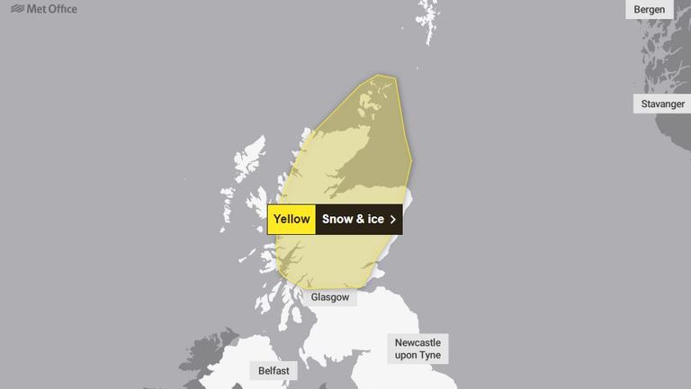 The only snow and ice warning on Saturday is for parts of Scotland. Pic: Met Office