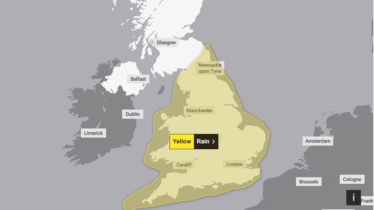 A yellow warning for rain has been issued by the Met Office covering England and Wales from Saturday afternoon to Sunday evening.