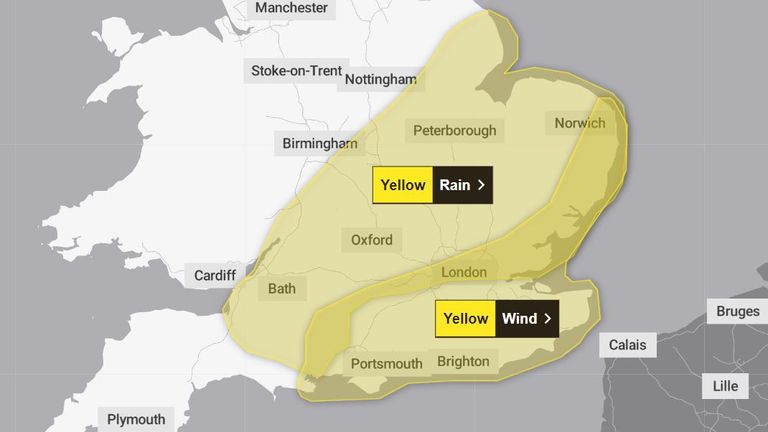 Two yellow weather warnings - for rain and wind - issued by the Met Office for 22 February 2024.
Pic: Met Office. Uploaded 21 Feb 2024