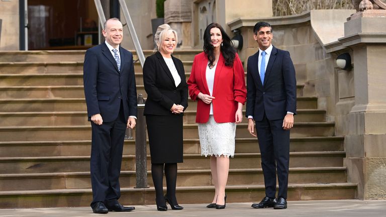 Rishi Sunak and  Secretary of State for Northern Ireland Chris Heaton-Harris meet Northern Ireland&#39;s First Minister Michelle O&#39;Neill and deputy First Minister Emma Little-Pengelly at Stormont Castle
Pic: Reuters