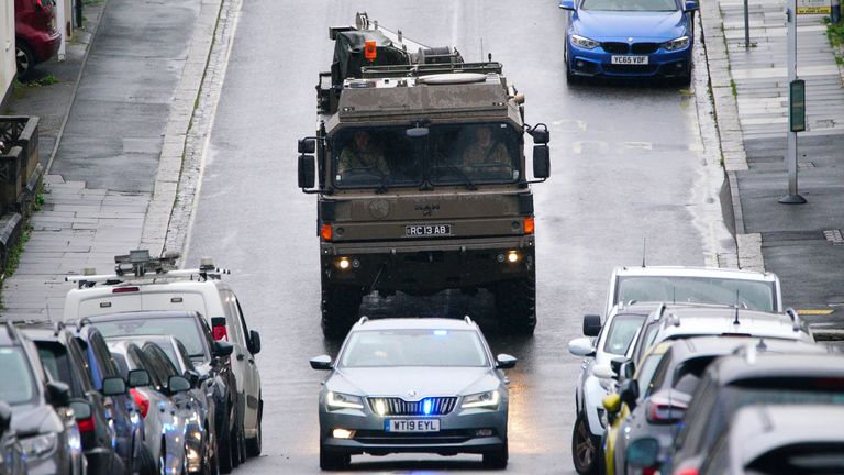 A military vehicle at the scene near St Michael Avenue in  Plymouth.
Pic: PA