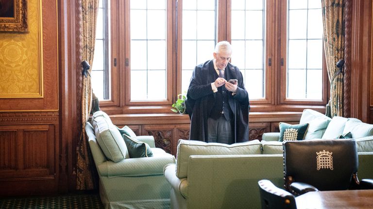 Speaker of the House of Commons Sir Lindsay Hoyle uses a mobile phone in his office in the Palace of Westminster.
File Pic:PA