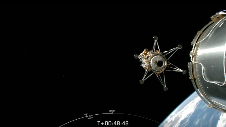This image from video provided by SpaceX via NASA TV shows Intuitive Machines&#39; lunar lander separating from the rocket&#39;s upper stage and heading toward the moon, on Feb. 15, 2024. (SpaceX -NASA TV via AP)