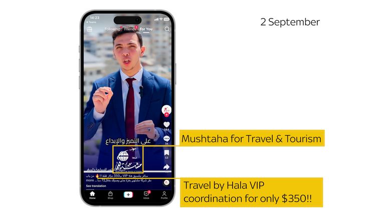 Social media post by Mushtaha, a Gaza-based travel agent, offering travel with Hala for $350