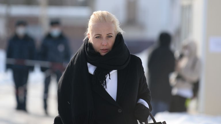 Yulia Navalnaya, wife of jailed Russian opposition leader Alexei Navalny, leaves the IK-2 male correctional facility after a court hearing, in the town of Pokrov in Vladimir Region, Russia February 15, 2022. The court started a new criminal trial against Alexei Navalny on charges of embezzlement and contempt of court. REUTERS/Denis Kaminev