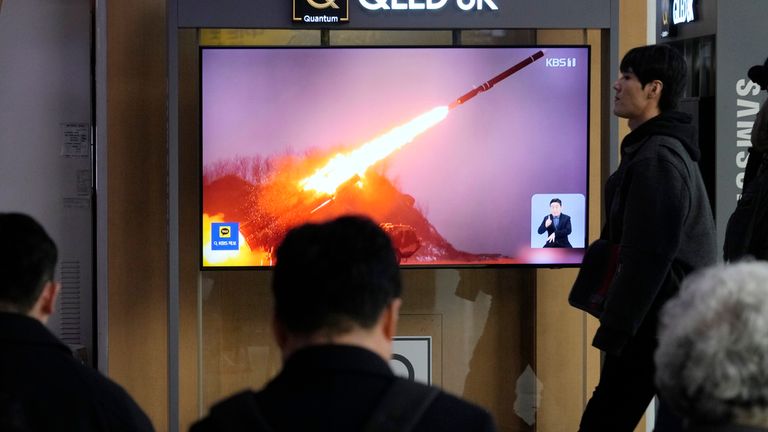 A TV screen in Seoul, South Korea, shows an image of North Korea&#39;s missile test. Pic: AP