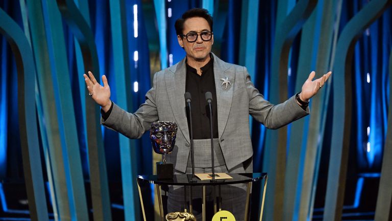 Robert Downey Jr accepts the supporting actor award for Oppenheimer. Pic: Kate Green/BAFTA/Getty Images