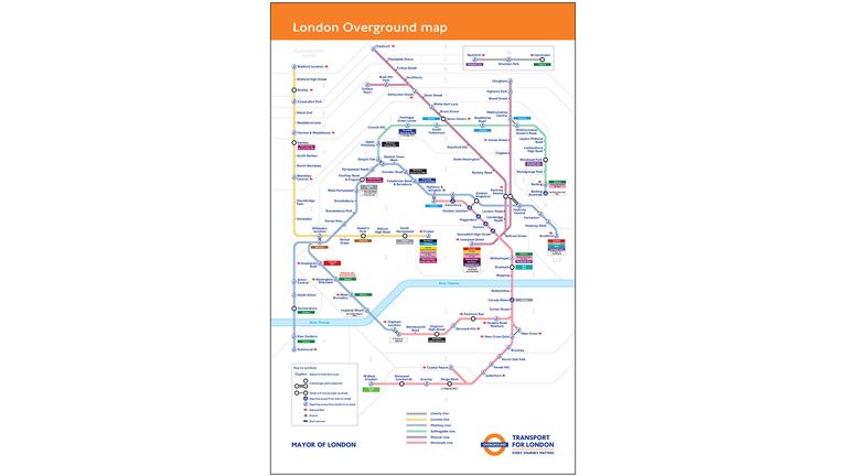 The London Overground map after London Overground rail lines will be given individual names and colours to make the network easier to navigate.
Pic: PA