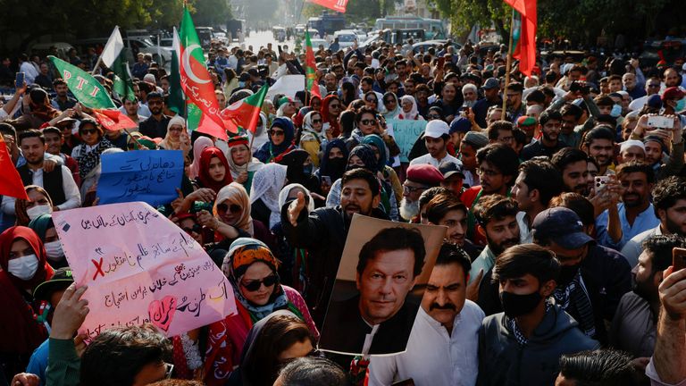 Imran Khan supporters gather for a protest in Karachi demanding free and fair elections. Pic: Reuters