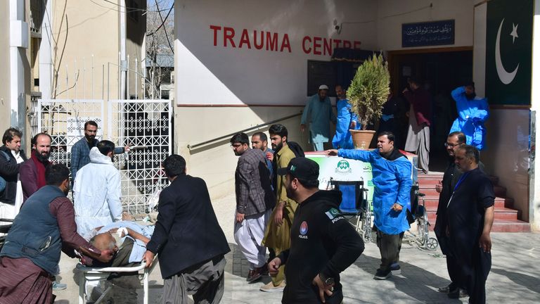 An injured man from the  Pashin district&#39;s bomb blast arrives at a hospital in Quetta, Pakistan.
Pic: AP