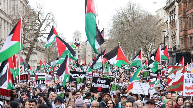 Filistin Dayanışma Kampanyası tarafından İsrail ile Hamas arasındaki çatışmada ateşkes çağrısı yapmak üzere Londra'nın merkezinde düzenlenen Filistin yanlısı yürüyüşte insanlar.  Resim tarihi: 3 Şubat 2024 Cumartesi.