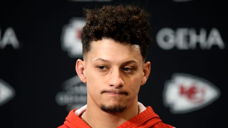 Kansas City Chiefs quarterback Patrick Mahomes speaks to the media before the team's NFL football practice Thursday, Feb. 1, 2024, in Kansas City, Mo.  The Chiefs will face the San Francisco 49ers in Super Bowl 58. (AP Photo/Charlie Riedel)