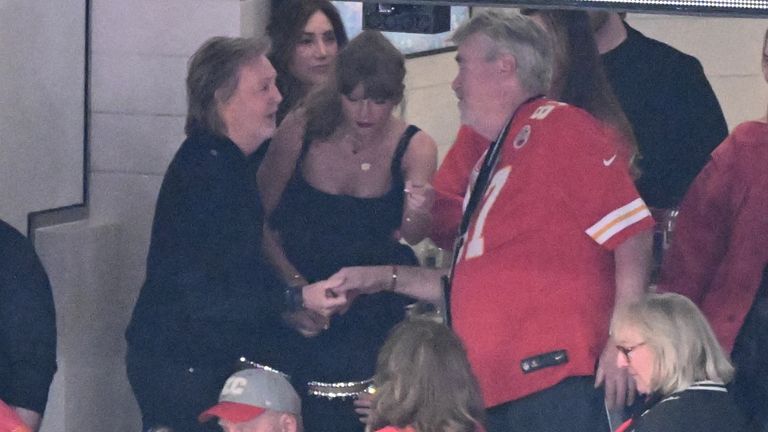 Paul McCartney and Taylor Swift during Super Bowl LVIII 