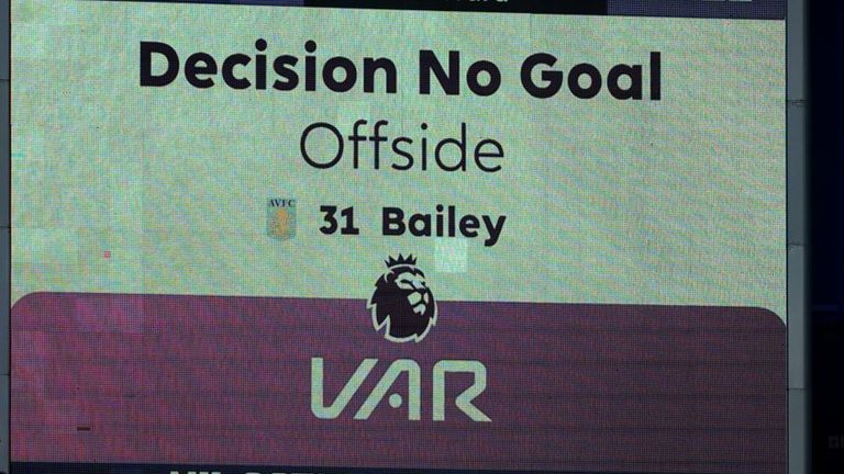 A VAR check on the goal of Aston Villa&#39;s Leon Bailey during the Premier League match at Goodison Park, Liverpool. Picture date: Sunday January 14, 2024.


