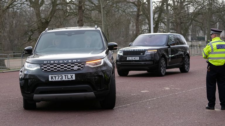 Pic: AP
A convoy of cars believed to be carrying Prince Harry arrive at Clarence House following the announcement of King Charles III&#39;s cancer diagnosis, in London, Tuesday, Feb. 6, 2024. Buckingham Palace announced Monday evening that the king has begun outpatient treatment for an undisclosed form of cancer.  (AP Photo/Kin Cheung)