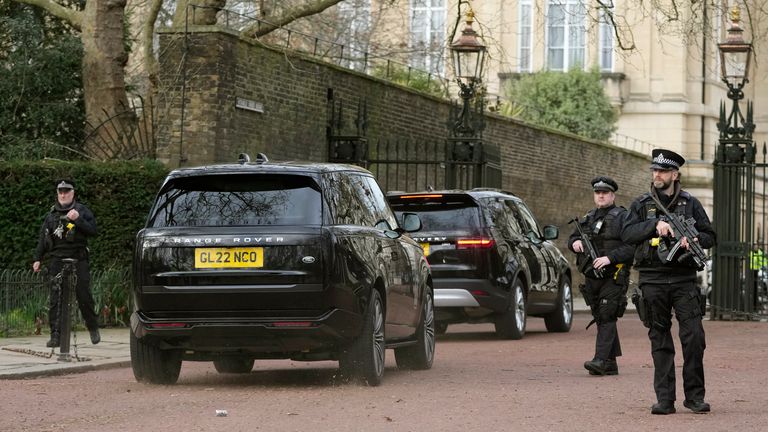 Pic: AP
A convoy of cars believed to be carrying Prince Harry arrive at Clarence House following the announcement of King Charles III&#39;s cancer diagnosis, in London, Tuesday, Feb. 6, 2024. Buckingham Palace announced Monday evening that the king has begun outpatient treatment for an undisclosed form of cancer. (AP Photo/Kin Cheung)