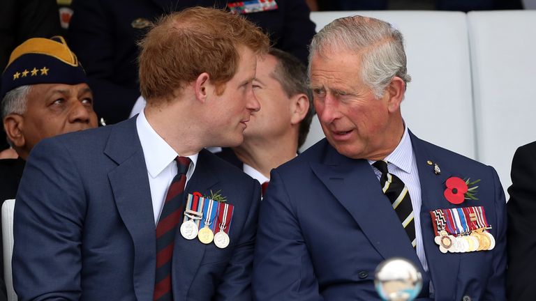Britain&#39;s Prince of Wales, right, and his son, Prince Harry, speak during a ceremony at the 57th Turkish Regiment cemetery and memorial site at the Gallipoli peninsula, Turkey, Saturday, April 25, 2015. As world leaders gather with the descendants of the fighters in Gallipoli, the memories of one of the most harrowing campaigns of the 20th century have come surging back to life. The doomed Allied offensive to secure a naval route from the Mediterranean to Istanbul through the Dardanelles, and ta