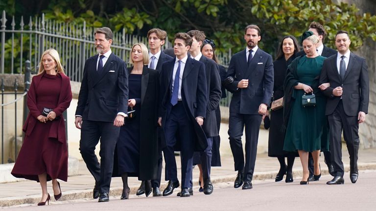 Pic: Andrew Matthews/PA 
Prince Pavlos, Crown Prince of Greece, Prince of Denmark RE, and Marie-Chantal, Crown Princess of Greece, Princess of Denmark (both front) and Prince Philippos of Greece and Denmark (fifth right) attend a thanksgiving service for the life of King Constantine of the Hellenes at St George's Chapel, in Windsor Castle, Berkshire. Picture date: Tuesday February 27, 2024. PA Photo. Constantine II, who died on January 10, 2023 was the last King of Greece, reigning from 1964 to 