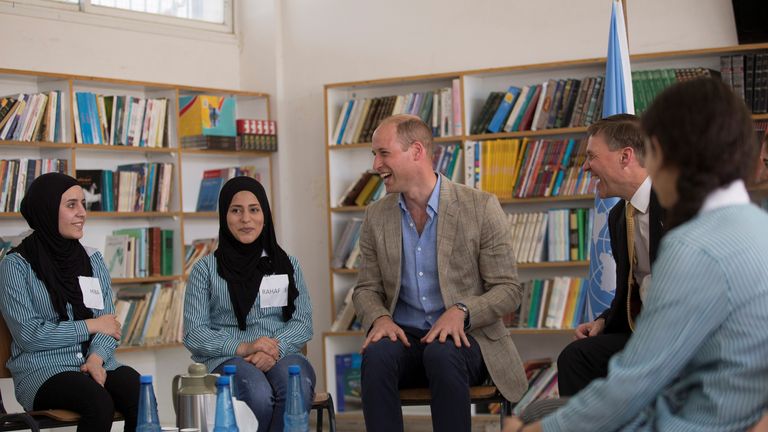 Prince William meets with Palestinian students in the West Bank as he visited the occupied Palestian territories in 2018. Pic: Reuters