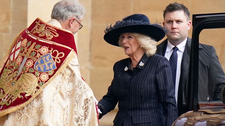 Pic: Andrew Matthews/PA
Queen Camilla is greeted as she attends a thanksgiving service for the life of King Constantine of the Hellenes at St George&#39;s Chapel, in Windsor Castle, Berkshire. Picture date: Tuesday February 27, 2024. PA Photo. Constantine II, who died on January 10, 2023 was the last King of Greece, reigning from 1964 to 1974. See PA story ROYAL Constantine. Photo credit should read: Andrew Matthews/PA Wire