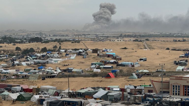 Smoke rises during an Israeli ground operation in Khan Younis, as seen from a Rafah camp. Pic: Reuters