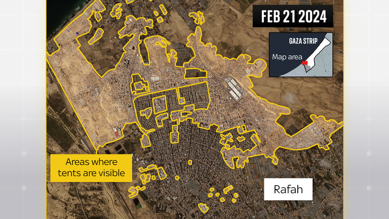 Satellite image of Rafah with tents highlighted, 21 February 2024. SOURCE: Planet Labs PBC