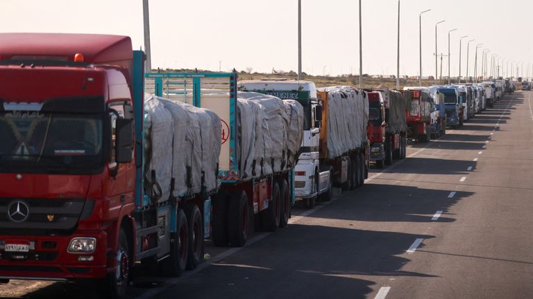 Aid trucks line up at the Rafah border crossing. Pic: Reuters