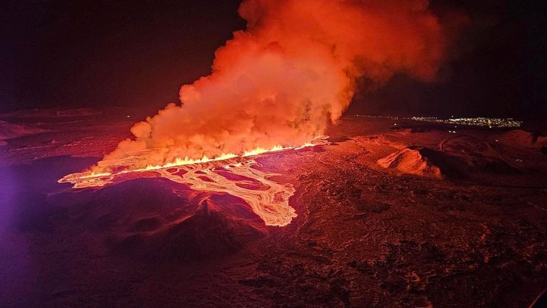 A volcano spews lava and smoke as it erupts, near Grindavik, on Reykjanes Peninsula, Iceland. Pic: Iceland Civil Protection/Reuters