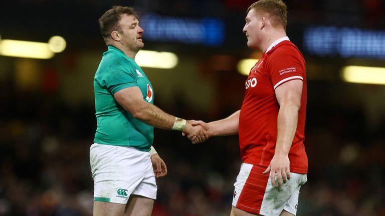 Ireland&#39;s Cian Healy shakes hands with Wales&#39; Rhys Carre.
Pic: Reuters