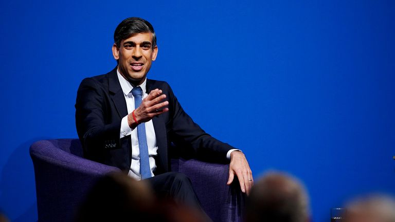 Rishi Sunak during a Q&A with Joanna Swash, group CEO of Moneypenny, at the Welsh Conservatives Conference 2024.
Pic:PA
Pic:PA
