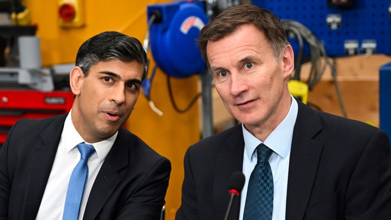 Pic: PA
Prime Minister Rishi Sunak (left) and Chancellor of the Exchequer Jeremy Hunt in East Yorkshire. Picture date: Monday February 26, 2024.