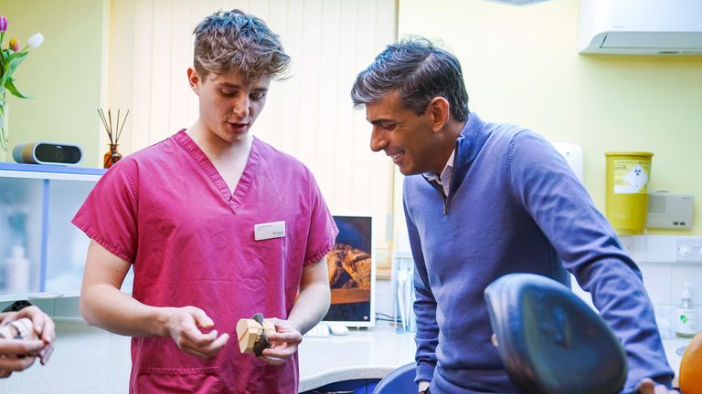Prime Minister Rishi Sunak talking to staff and patients during a visit to Gentle Dental practice in Newquay, Cornwall.
Pic: PA