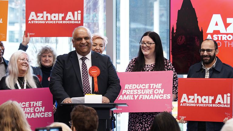 Labour candidate for Rochdale, Azhar Ali, speaks in Rochdale during the launch of his campaign for the up-coming Rochdale by-election.
Pic: PA