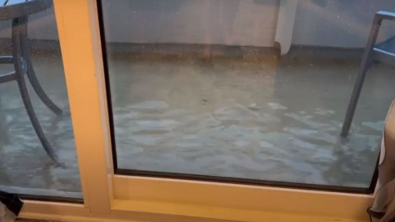 Travis Hair filmed his flooded balcony. Pic: Storyful