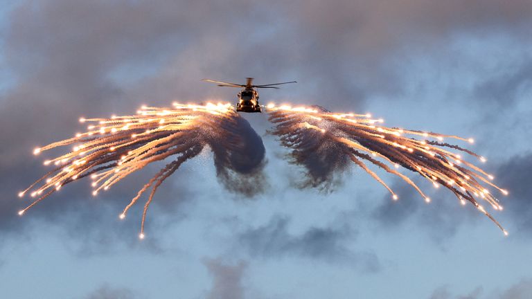 Pic: UK Ministry of Defence/MoD
The Royal Navy&#39;s Merlin helicopter from 820 Naval Air Squadron, fires flares from HMS Prince of Wales, while embarked for NATO Exercise Steadfast Defender 2024, at an undisclosed location in this handout image released on February 28, 2024. UK Ministry of Defence/Handout via REUTERS THIS IMAGE HAS BEEN SUPPLIED BY A THIRD PARTY