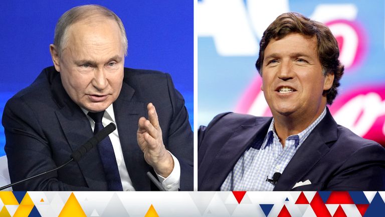 Vladimir Putin and Tucker Carlson. Pics: AP (left) and Reuters
