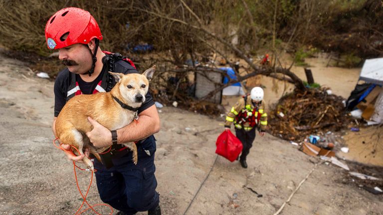 Firefighters rescue a dog from a homeless encampment that became surrounded by floodwater in the Santa Ana River during a rainstorm, Monday, Feb. 5, 2024, in San Bernardino, California. (AP Photo/Ethan Swope)