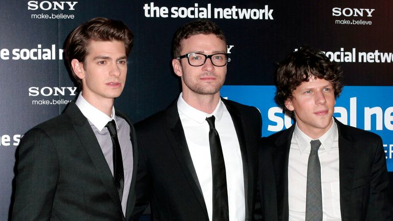 Stars of The Social Network film Jesse Eisenberg, Andrew Garfield and Justin Timberlake at its premiere in 2010. Pic: AP