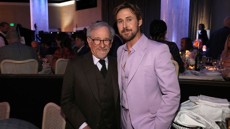 Steven Spielberg, left, and Ryan Gosling attend the 96th Academy Awards Oscar nominees luncheon on Monday, Feb. 12, 2024, at the Beverly Hilton Hotel in Beverly Hills, Calif. (Photo by Danny Moloshok/Invision/AP)